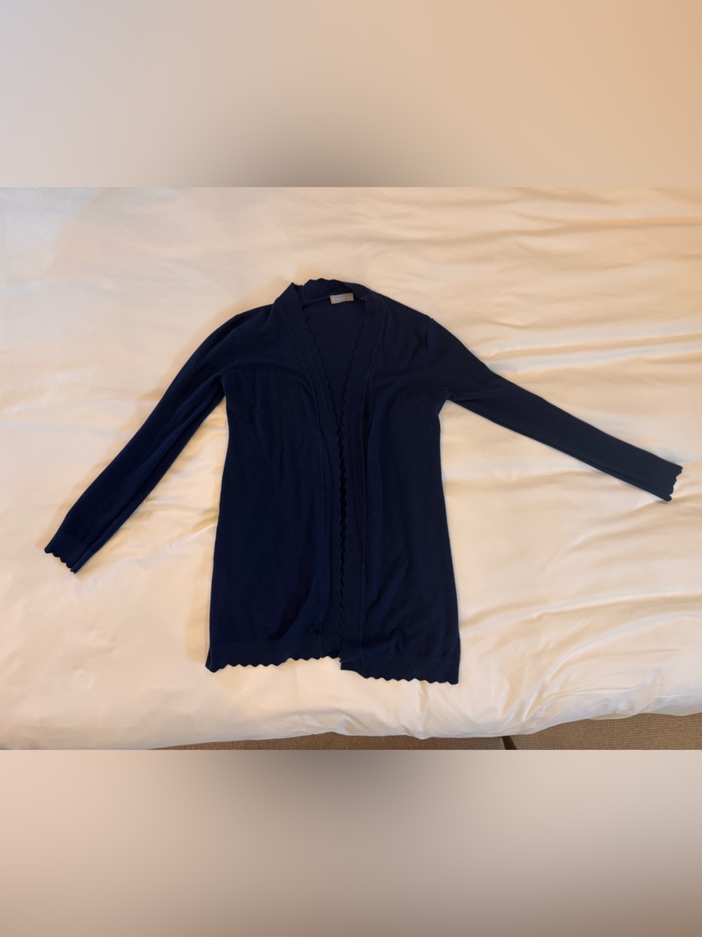 Long Navy Open-Front Ribbed Cardigan with Scallop Trim
